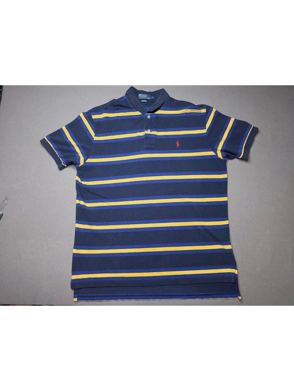 Polo Ralph Lauren Mens XL Striped Polo Shirt Navy Blue Yellow Red Pony Cotton